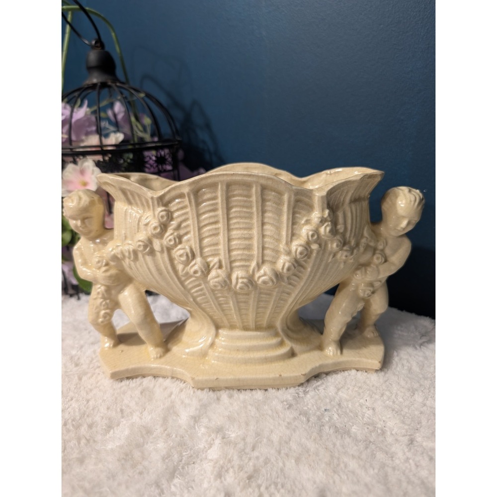 Made in Japan Vintage MCM Ceramic Cherub Angel Oval Planter Beige MPN 2047